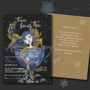 Invitación Magnífico Blue Gold Fairy Teacup Birthday Tea Fies