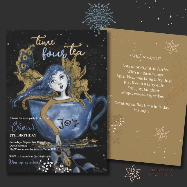 Invitación Magnífico Blue Gold Fairy Teacup Birthday Tea Fies (Magical Blue Gold Fairy Teacup Birthday Tea Party Invitation)