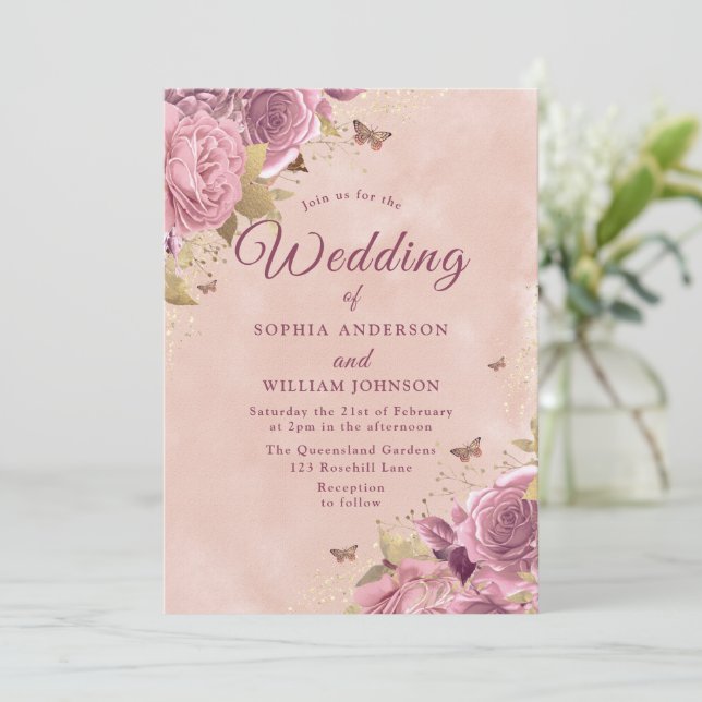 Invitación Magnífico Boda de acuarela floral de Rubor (Anverso de pie)