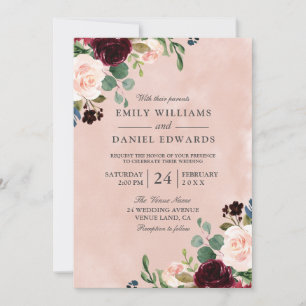 Invitación Magnífico Boda de Flor de Borgoña en color de agua