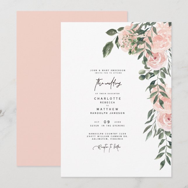 Invitación Magnífico Boda de padres de novia floral de Rubor (Anverso / Reverso)