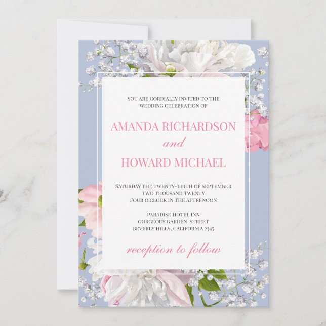 Invitación Magnífico boda floral azul polvoriento y rosa (Anverso)