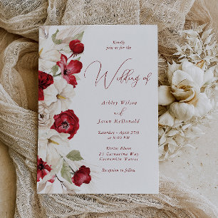 Invitación Magnífico Boda floral rojo y blanco con escritura