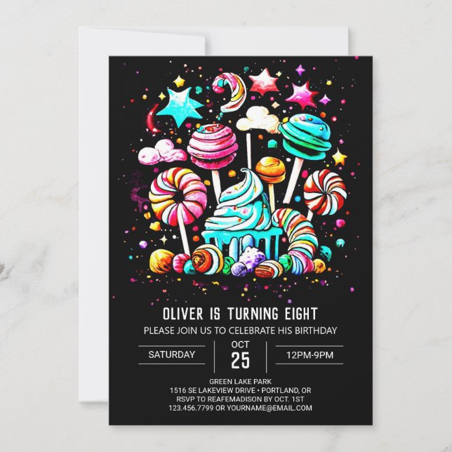 Invitación Magnífico Candyland Extravaganza Cumpleaños (Anverso)