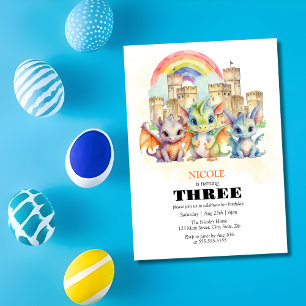 Invitación Magnífico Castillo Arcoiris Cute Dragones Bebés Cu
