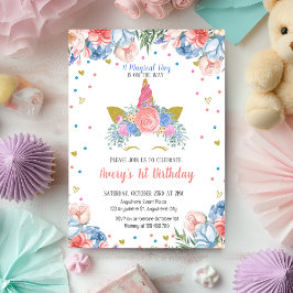 Invitación Magnífico cumpleaños floral arcoiris rosa unicorni