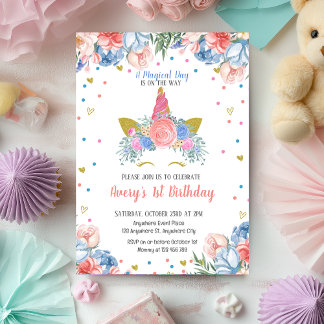 Invitación Magnífico cumpleaños floral arcoiris rosa unicorni
