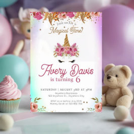 Invitación Magnífico cumpleaños floral arcoiris rosa unicorni