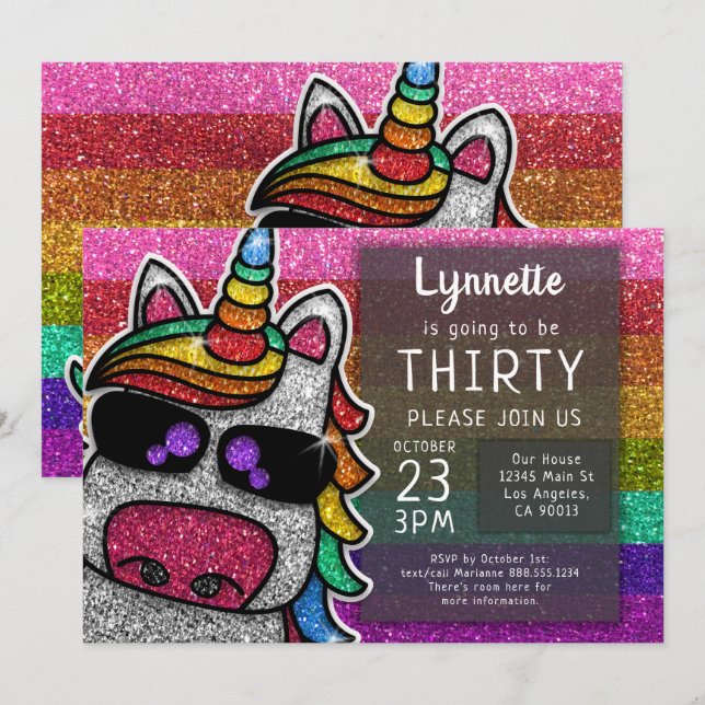 Invitación Magnífico Día de Cumpleaños del Purpurina Rainbow  (Anverso / Reverso)