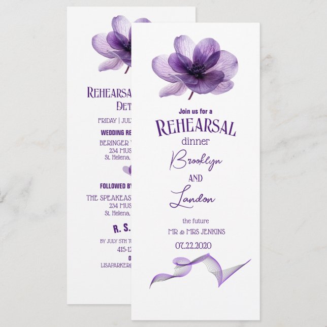 Invitación Magnífico ensayo de la flor púrpura cena (Anverso / Reverso)