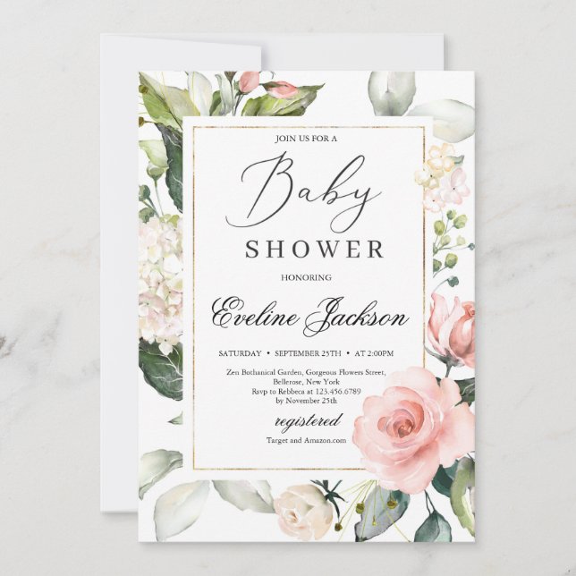 Invitación Magnífico marco floral dorado Baby Shower (Anverso)