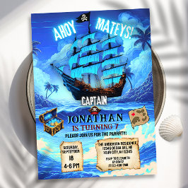 Invitación Magnífico Neon Blue Glow Pirate Ship Ahoy Cumpleañ