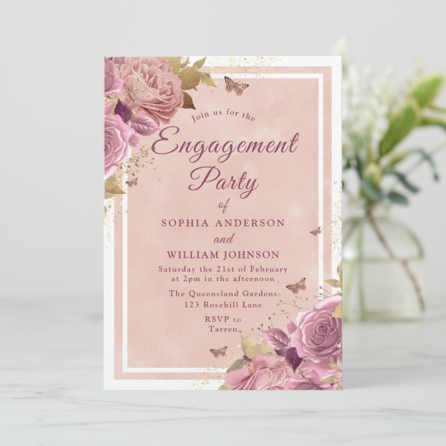 Invitación Magnífico Partido de Compromiso Floral de Rubor (Anverso de pie)
