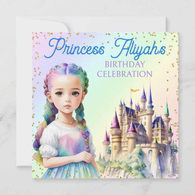 Invitación Magnífico Pastel Princesa Fantasía Castillo Arcoir (Anverso)