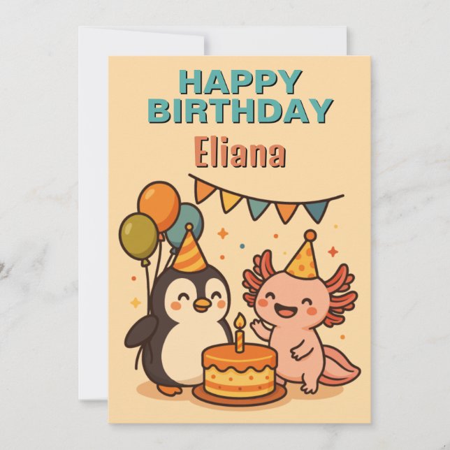Invitación magnífico pingüino y axolotl feliz cumpleaños (Anverso)