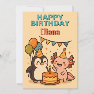 Invitación magnífico pingüino y axolotl feliz cumpleaños