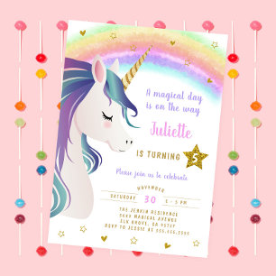 Invitación Magnífico Purpurina unicornio cumpleaños arcoiris