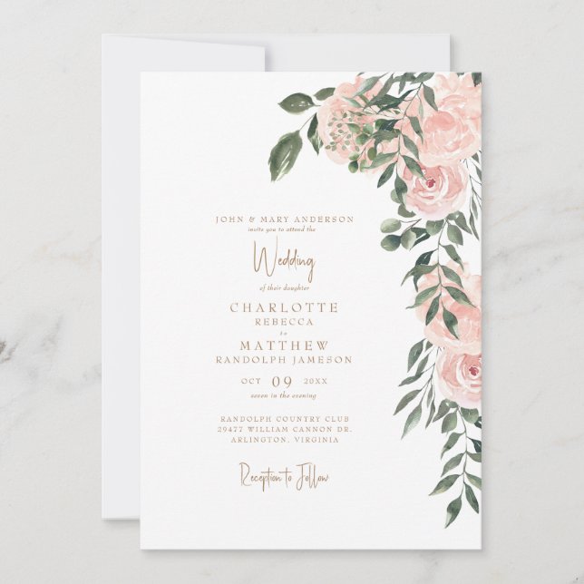 Invitación Magnífico Rubor Floral Gold Text Boda blanco (Anverso)