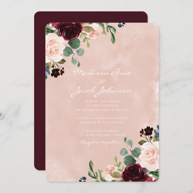 Invitación Magnífico Rubor Watercolor Borgoña Boda Rojo (Anverso / Reverso)