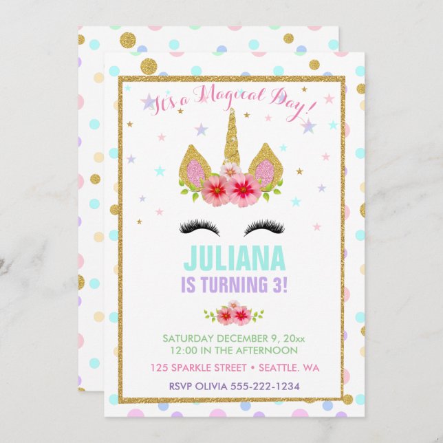 Invitación Magnífico unicornio Arcoiris cumpleaños morado de  (Anverso / Reverso)
