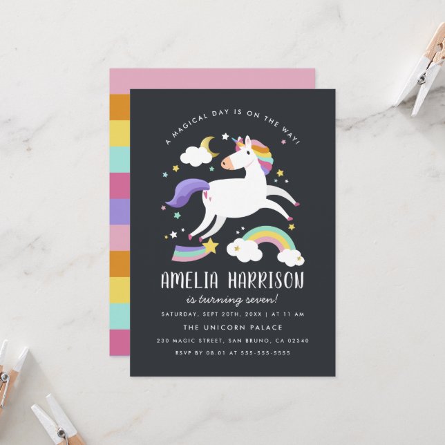 Invitación Magnífico Unicornio, fiesta de cumpleaños de Stars (Anverso/Reverso In Situ)