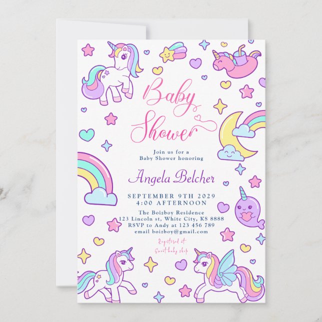 Invitación Magnífico unicornio Rainbow Baby Shower (Anverso)