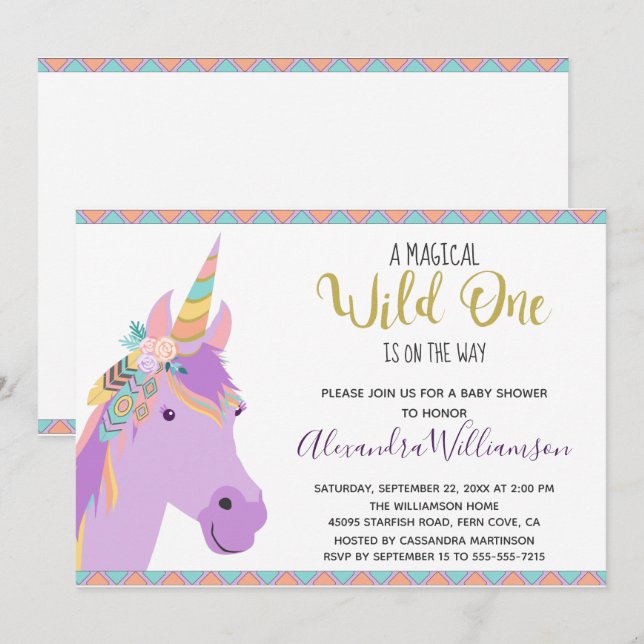 Invitación Magnífico Wild One Unicorn Purple Gold Baby Shower (Anverso / Reverso)