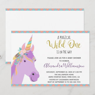 Invitación Magnífico Wild One Unicorn Purple Gold Baby Shower