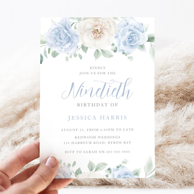 Invitación Magnífico y elegante floral azul y blanca 90 cumpl (Subido por el creador)