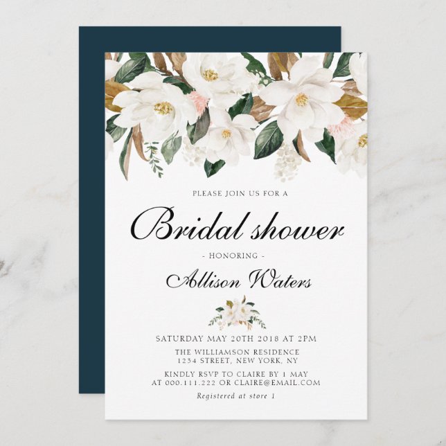 Invitación Magnolia acuarela ducha de novia floral (Anverso / Reverso)