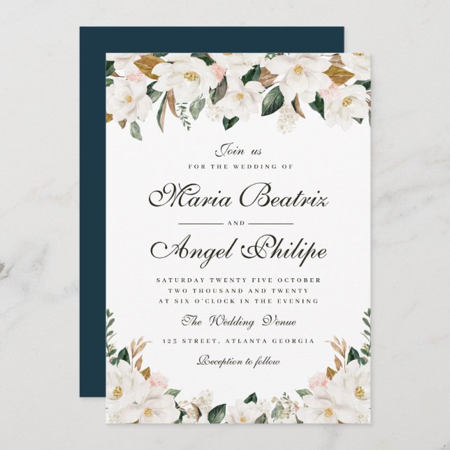 Invitación Magnolia acuarela moderna boda floral (Anverso / Reverso)