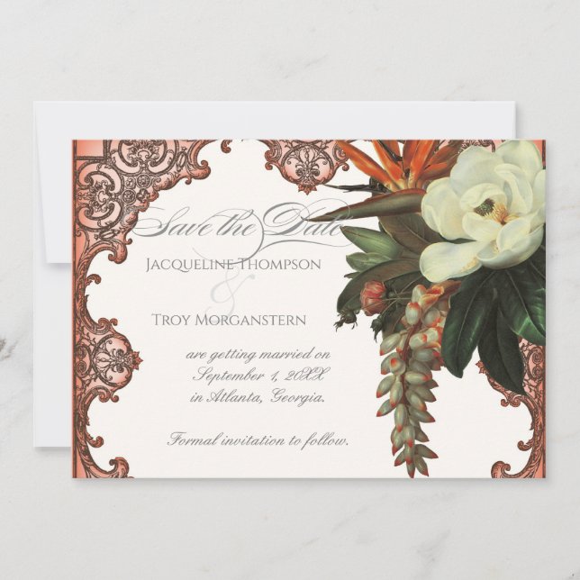 Invitación Magnolia Ave del Paraíso Floral Tropical Naranja (Anverso)