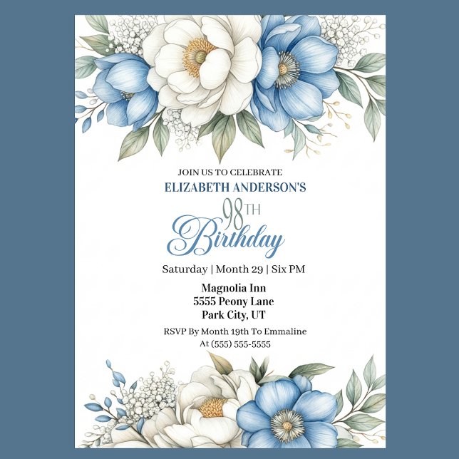 Invitación Magnolia Azul Hermosa y Peonía 98 Cumpleaños (Subido por el creador)