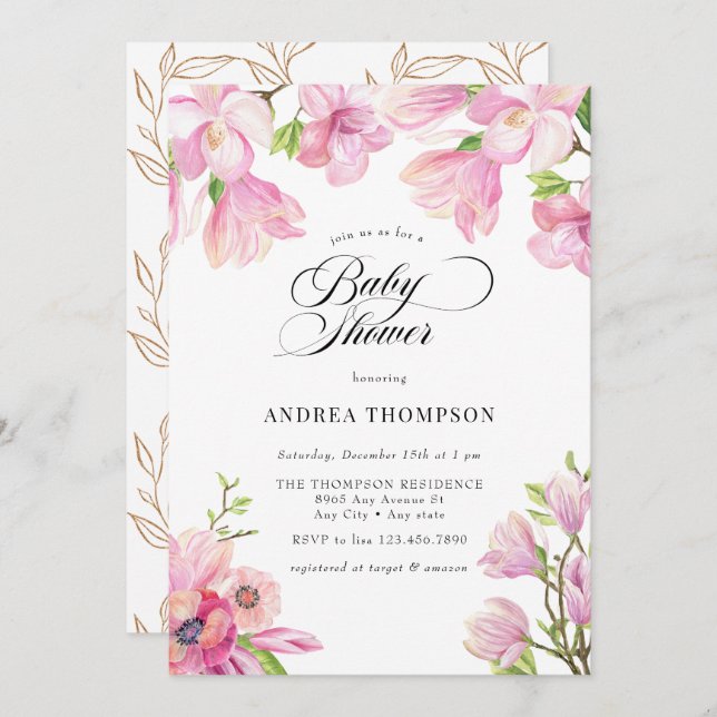 Invitación Magnolia | Baby Shower Floral rosa (Anverso / Reverso)