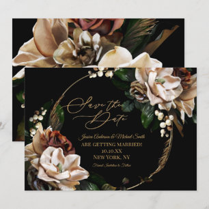 Invitación Magnolia Black Gold Wreath Floral Ahorra la fecha