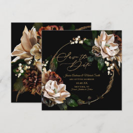 Invitación Magnolia Black Gold Wreath Floral Save the Date