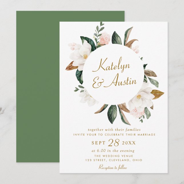 Invitación Magnolia blanca acuarela boda floral (Anverso / Reverso)