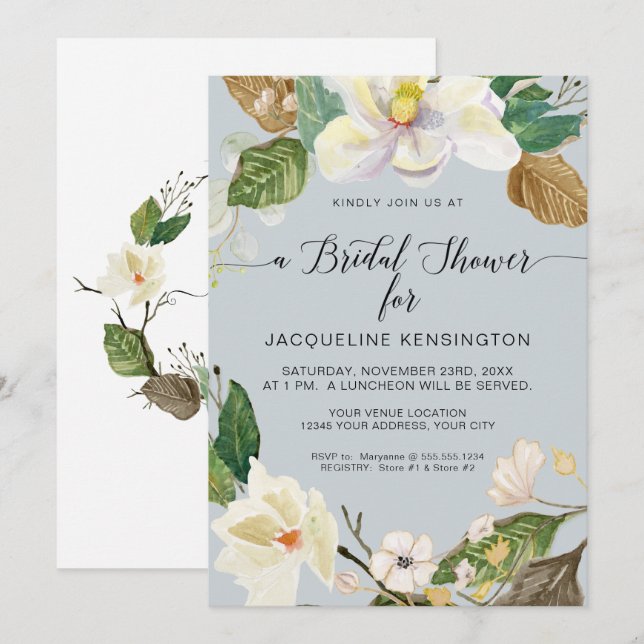 Invitación Magnolia blanca Elegante acuarela floral y oliage (Anverso / Reverso)