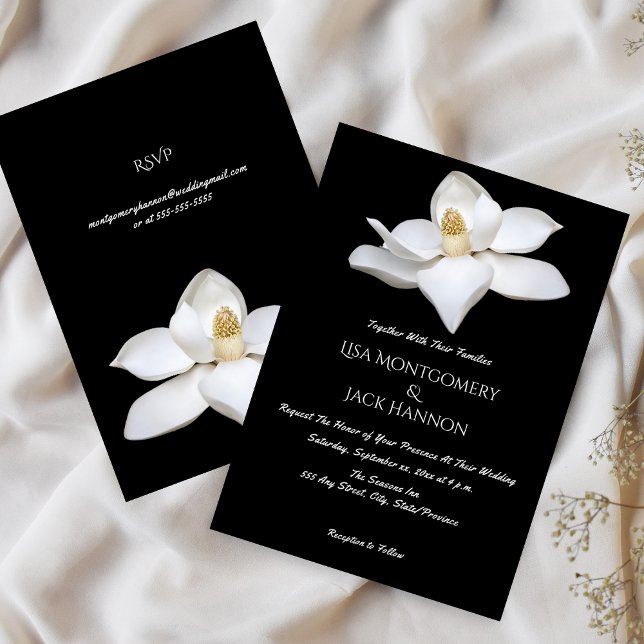 Invitación Magnolia Blanca Elegante Boda Floral Blanco Negro (White Magnolia Elegant Wedding Black White Floral Invitation)