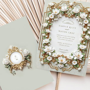 Invitación Magnolia blanca elegante con oro falso