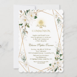 Invitación Magnolia Blanca Elegante Oro Primera Comunión Sant