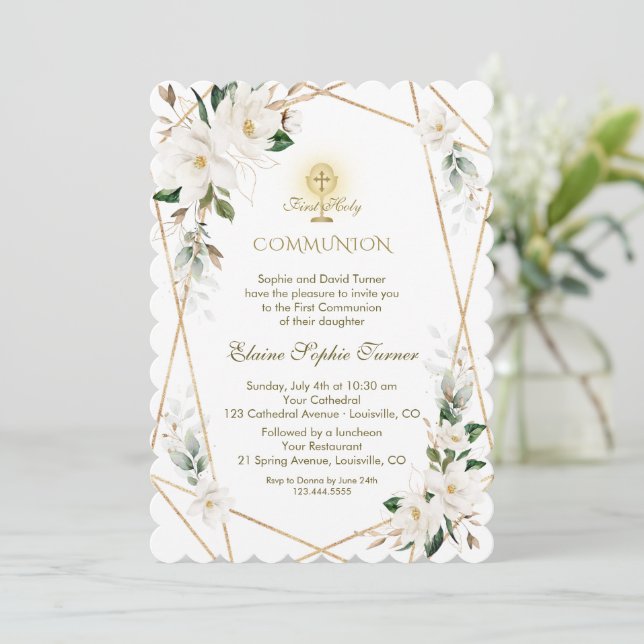 Invitación Magnolia Blanca Elegante Oro Primera Comunión Sant (Anverso de pie)