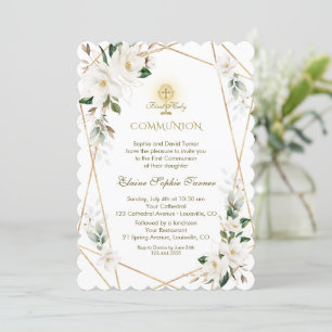 Invitación Magnolia Blanca Elegante Oro Primera Comunión Sant