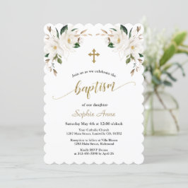 Invitación Magnolia blanca encantadora caligrafía del bautism