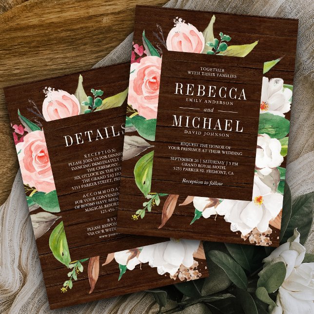 Invitación Magnolia blanca Floral rosa todo en un Boda de mad (Subido por el creador)