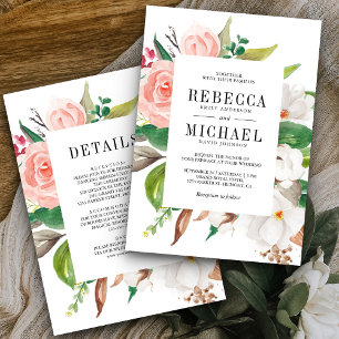 Invitación Magnolia Blanca Floral Rosa Todo en Uno Boda