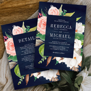 Invitación Magnolia Blanca Floral Rosa Todo en Uno Boda Navy