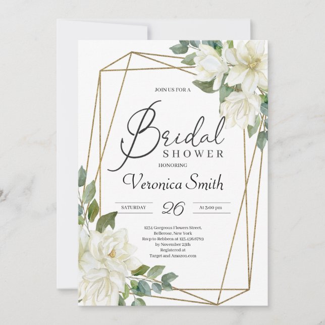 Invitación Magnolia blanca floreciente marco dorado floral no (Anverso)