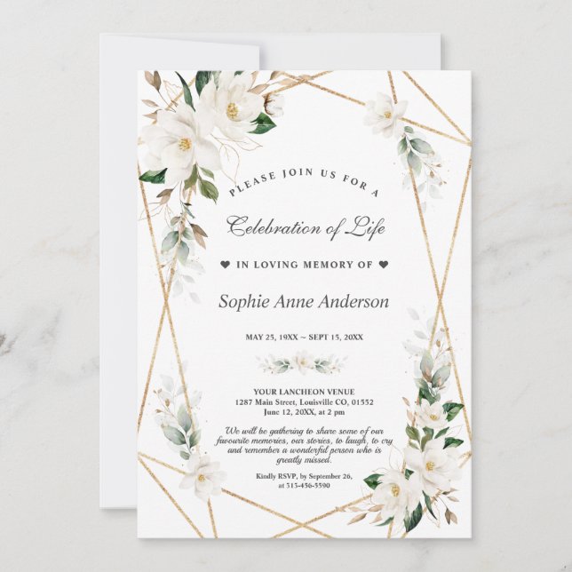 Invitación Magnolia Blanca Flores Celebración De La Vida De O (Anverso)