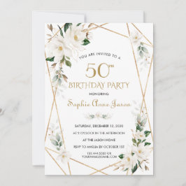 Invitación Magnolia Blanca Flores Oro 50 cumpleaños